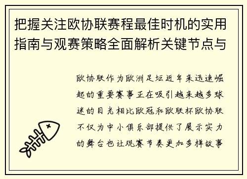 把握关注欧协联赛程最佳时机的实用指南与观赛策略全面解析关键节点与赛季节奏